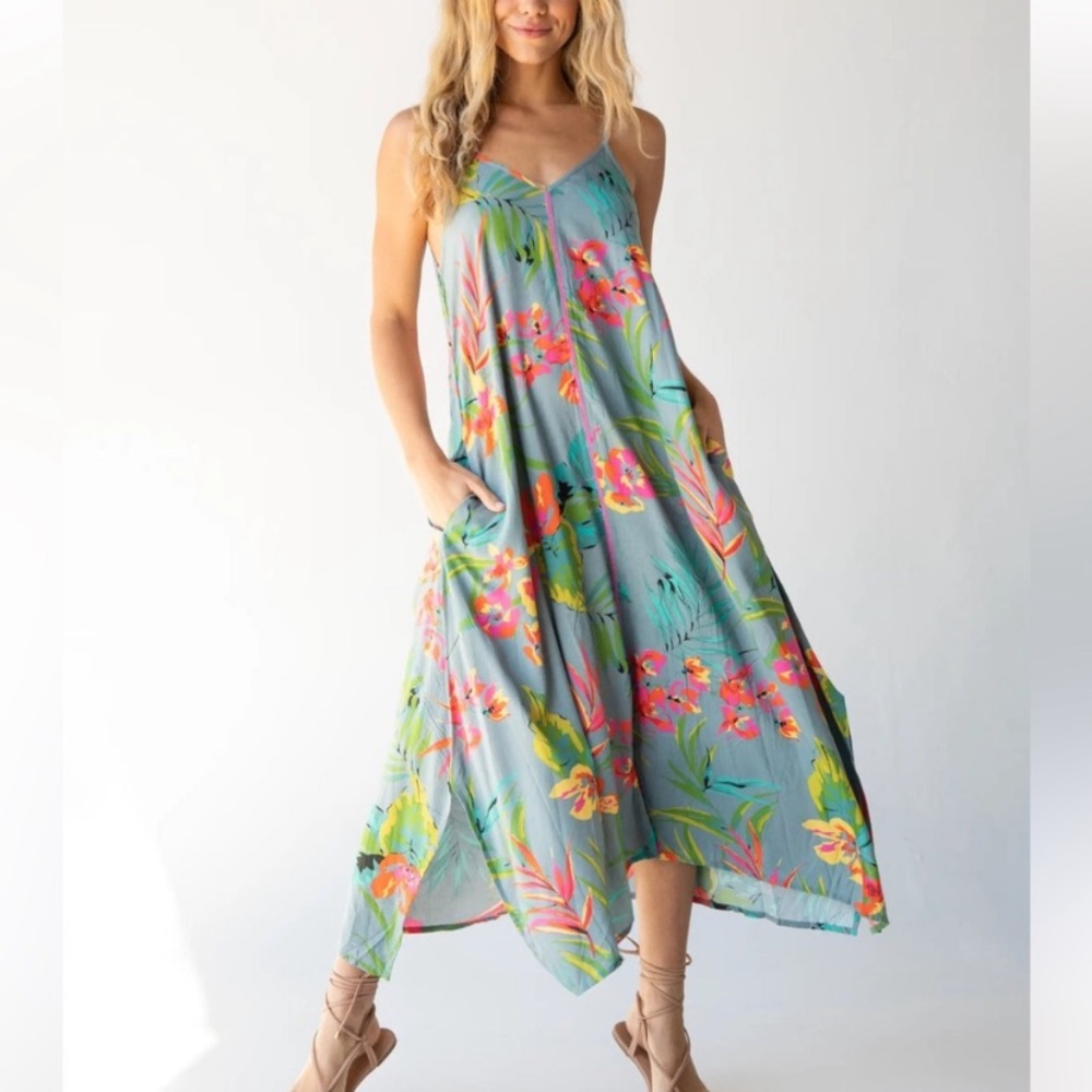 NATURAL LIFE Teal Maxi Dress with Pink & Yellow Floral Print